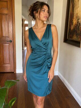 Donna Ricco New York Teal Satin Surplice Ruched Sz 8 Homecoming Wedding Guest